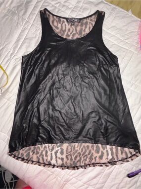 Almost Famous Black Faux Leather Tank with Leopard Sheer Back